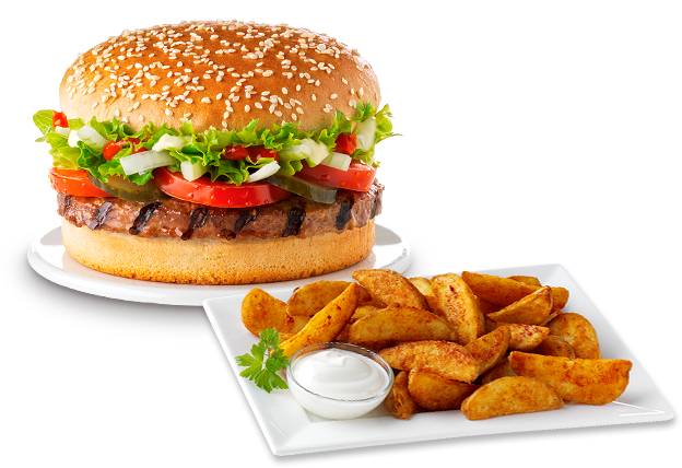 Mittagsangebot Burger mit CaP-Ecks